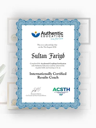 Sultan Fareed’s ICF-accredited life coaching certificate from Authentic Education Australia – Identity & Mindset Coaching credentials