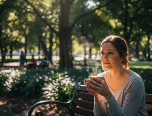 Brisbane woman relaxing in park reflecting on wellness and healing journey