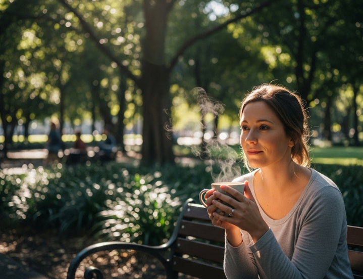 Brisbane woman relaxing in park reflecting on wellness and healing journey