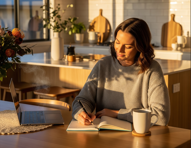Brisbane woman exploring how to become a life coach while journaling in a calm home setting
