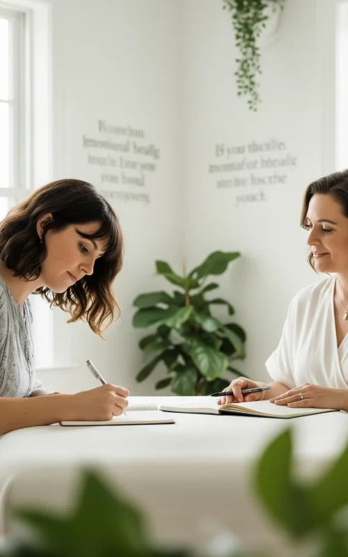 A mid-30s woman journaling during a mindset coaching session, surrounded by greenery and motivational quotes in a peaceful, sunlit space designed for emotional healing and clarity.