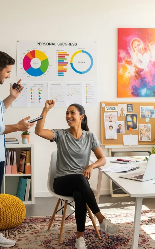 A confident woman celebrating career or mindset progress with a coach, in a modern coaching office showing progress charts and vision boards — representing real transformation and success.