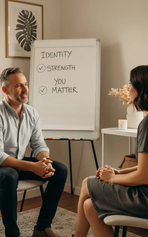 A caring life coach guiding a woman through a personal breakthrough in a calm Brisbane coaching room, with emotional support visuals like “You Matter” and “Find Yourself Again” on a whiteboard.