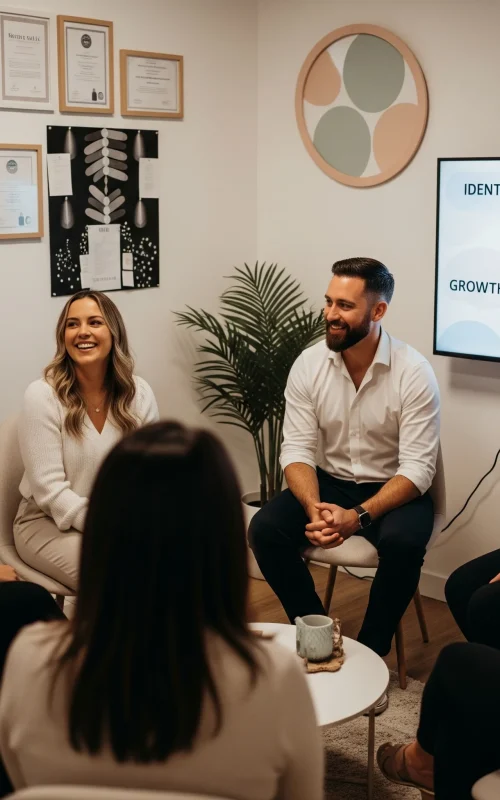 Life coach Sultan Fareed guiding a group of women through emotional healing and personal growth in a modern Brisbane coaching space, with empowering visuals and a warm, supportive atmosphere.